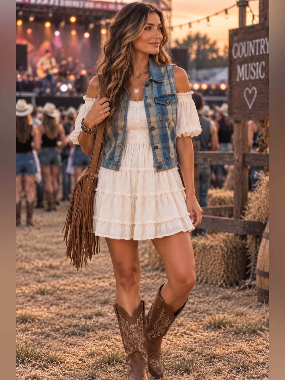 Crossroads Plaid Denim Vest L Blue Tan Western 90s Grunge Jean